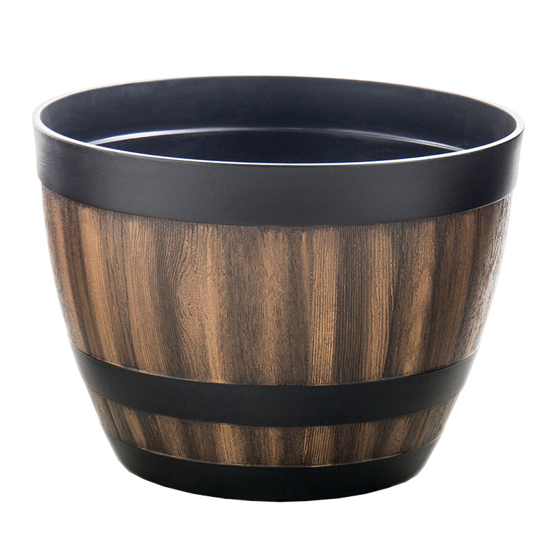 Self Watering Planter - Durable Plastic Round Elegant Whiskey Barrel-Inspired